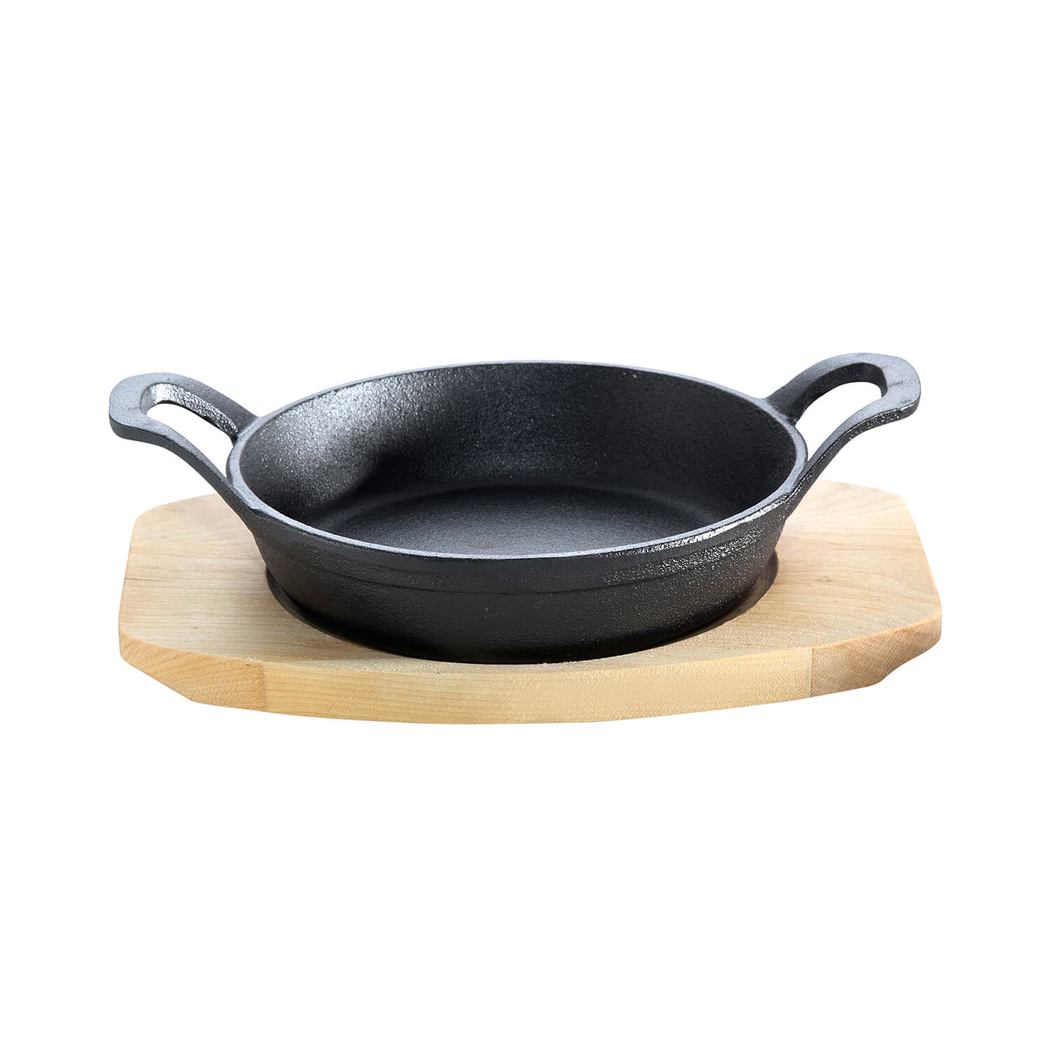 Cast iron pan with 2 handles ø 18 cm and wooden coaster