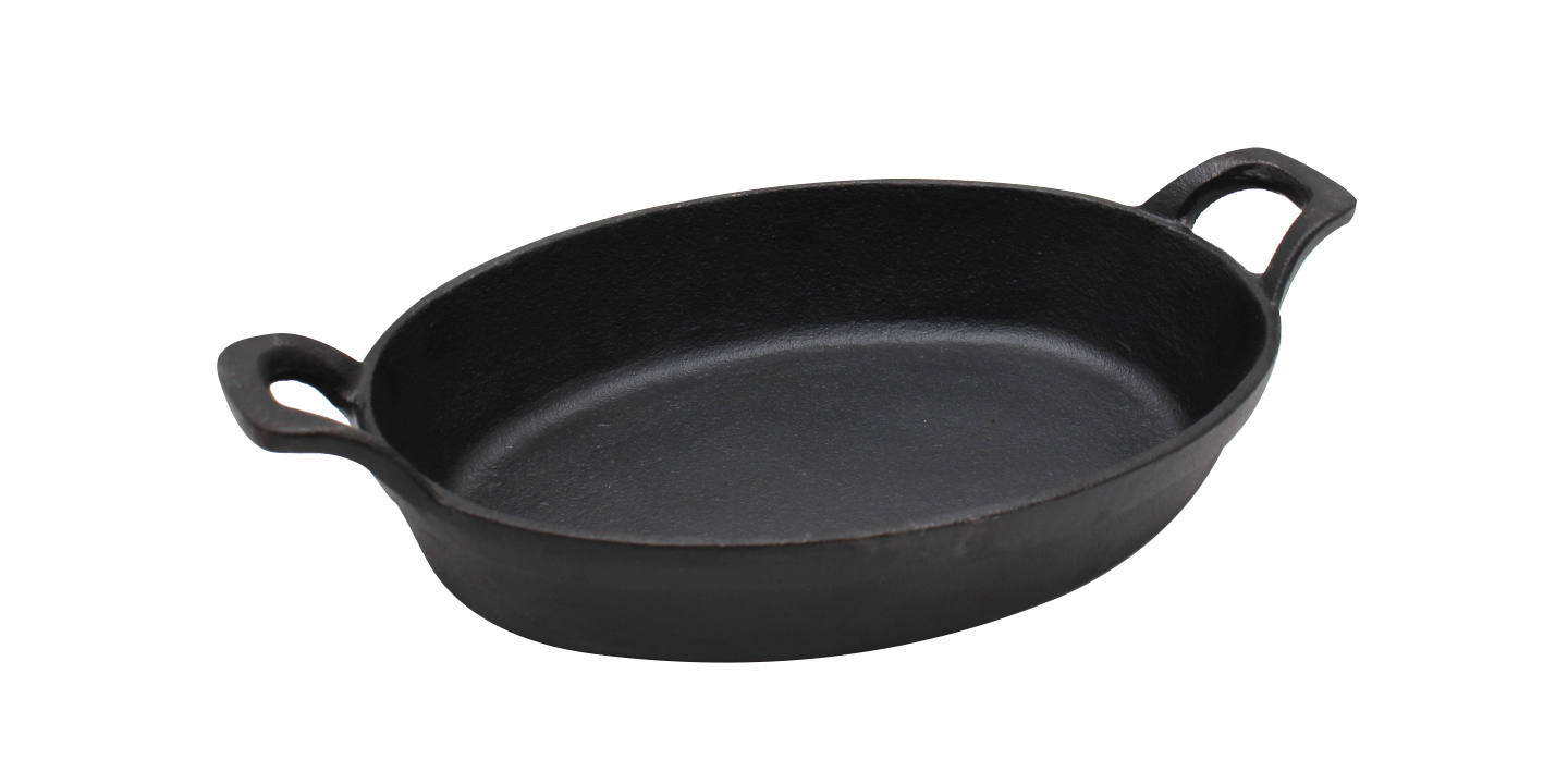 Cast iron pan -oval- with 2 handles ø 21×15.5 cm and wooden coaster