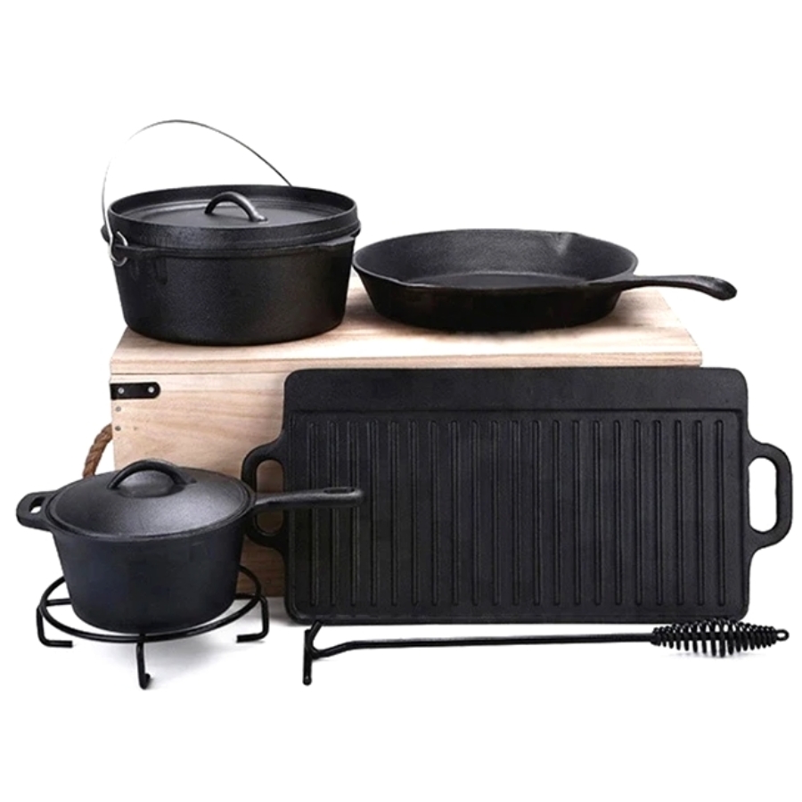 Set vase din fonta BBQ&Grill in lada din lemn, 9buc